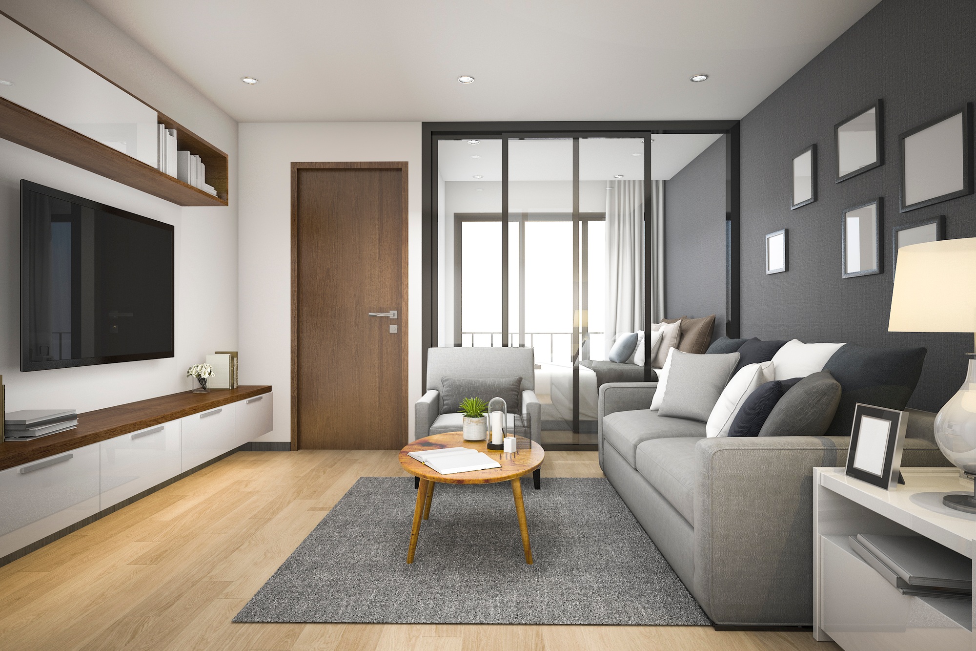 3d rendering modern minimal wood living room and bedroom in apartment