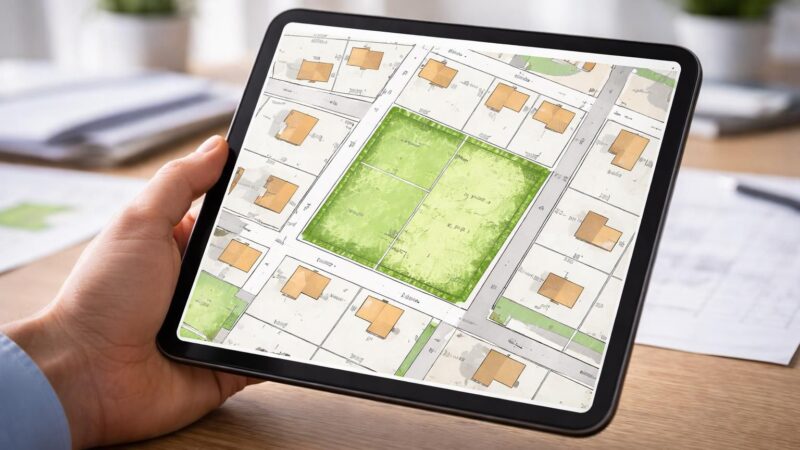 découvrez comment un terrain constructible s'affiche de manière optimale sur tablette tactile, avec le cadastre intégré pour une visualisation précise et interactive.