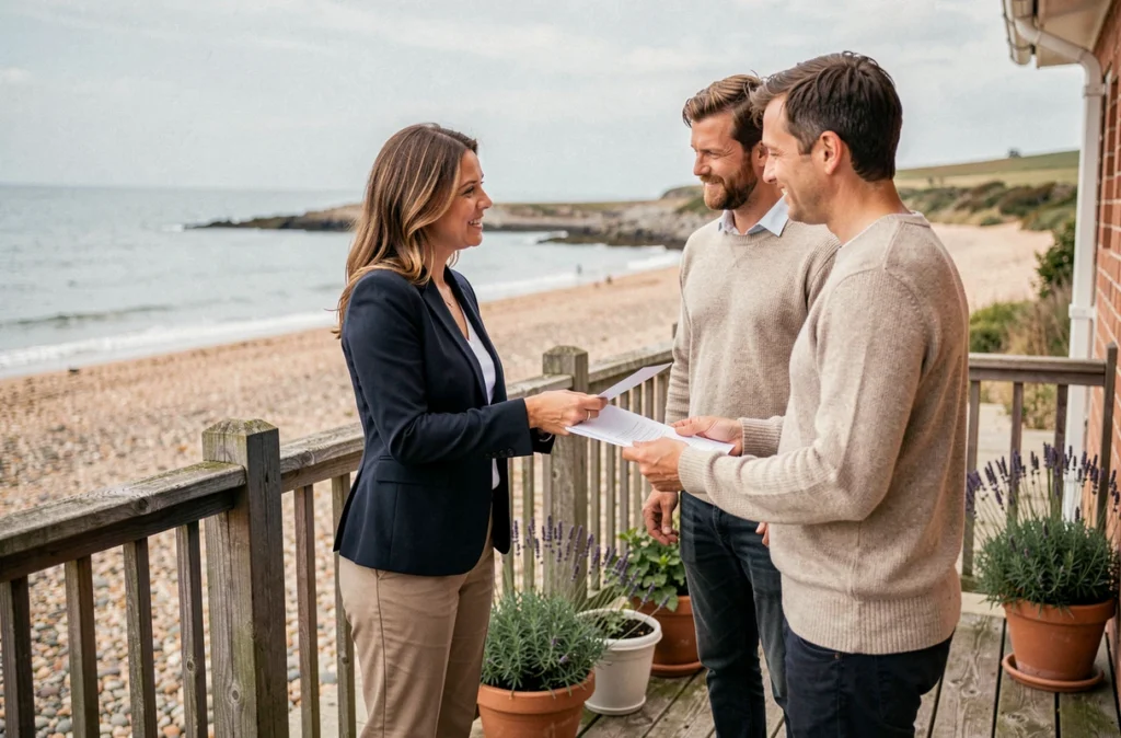 Agent immobilier présentant une maison normande en bord de mer à un couple d'acheteurs sur une terrasse avec vue sur la plage de galets