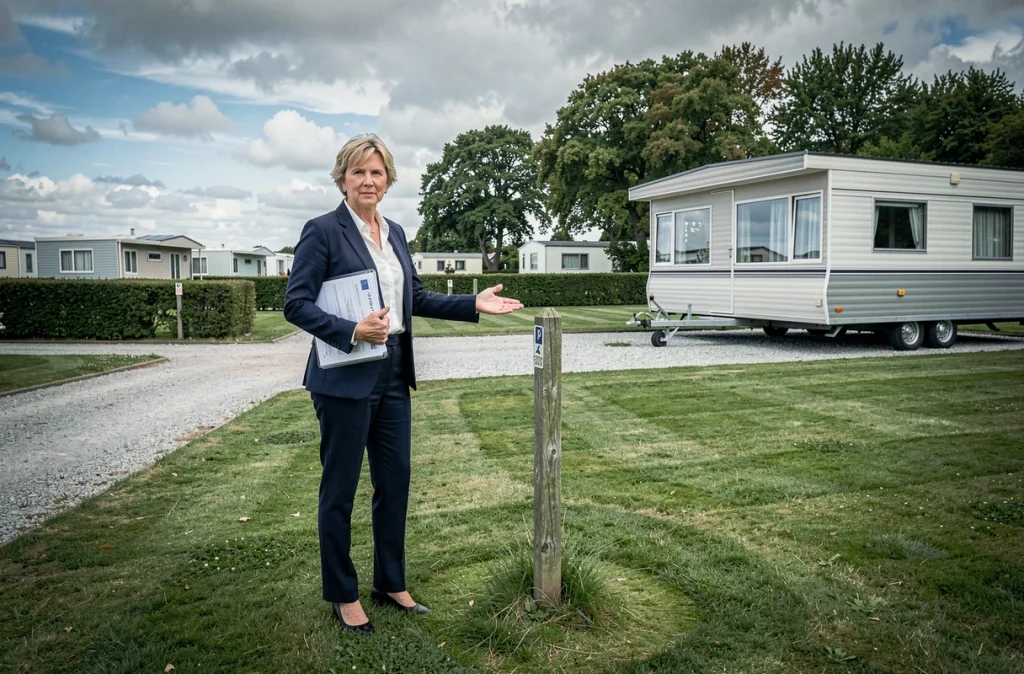 Agent immobilier présentant une parcelle de camping avec mobil home en Vendée