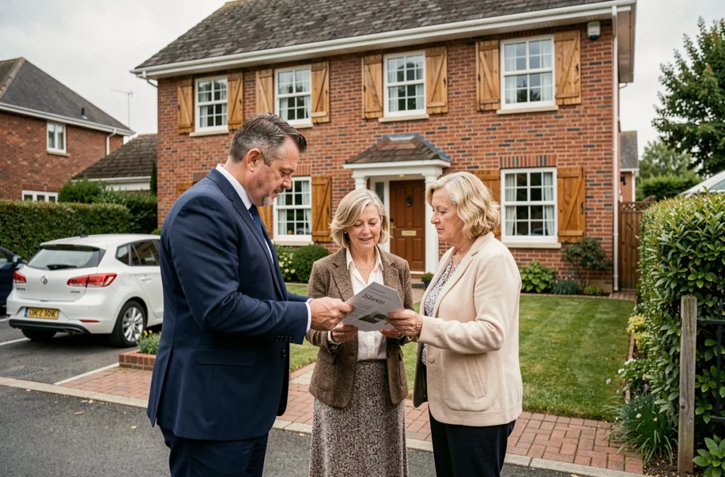 Agent immobilier présentant une brochure de vente à des propriétaires devant une maison familiale en brique rouge en banlieue