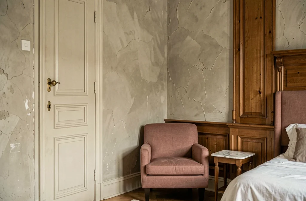 Chambre haussmannienne avec enduit chaux brossé, boiseries peintes en blanc cassé et poignées en laiton ancienne