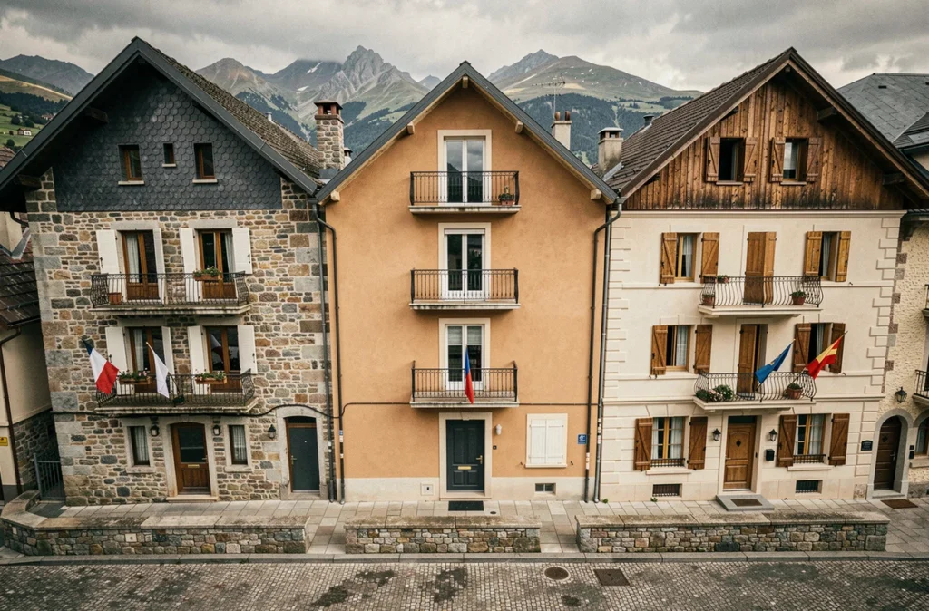 Comparaison architecturale de bâtiments résidentiels andorran, espagnol et français dans une rue pyrénéenne