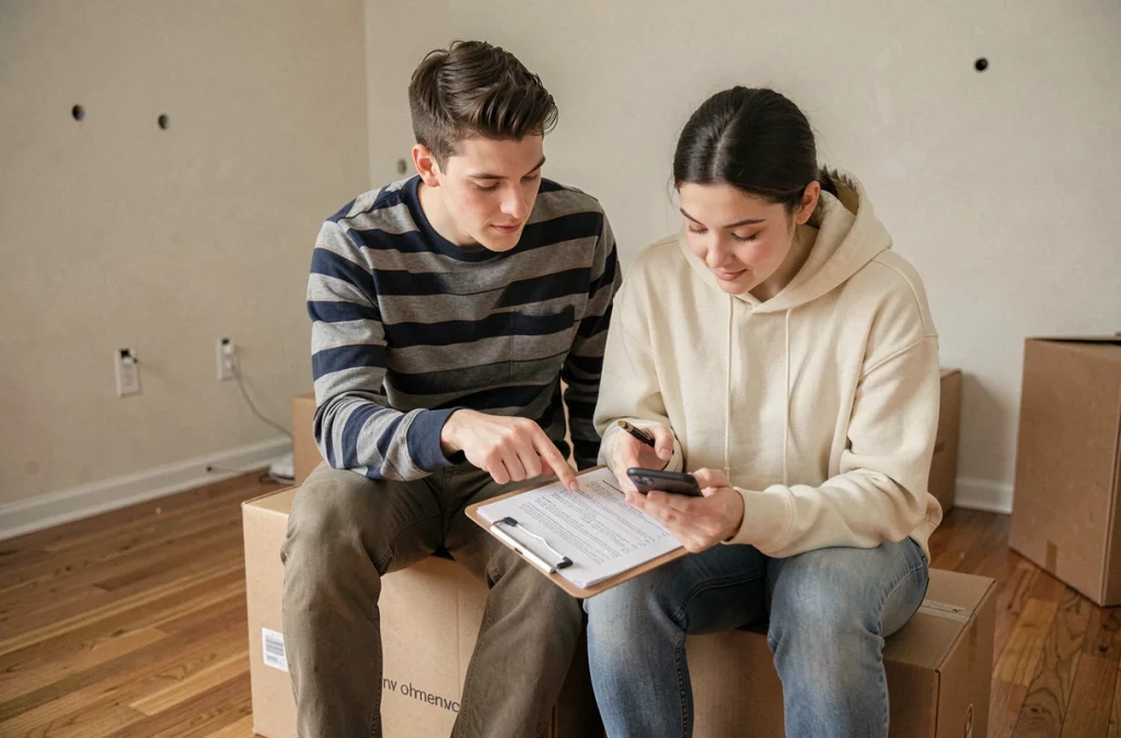 Couple consultant une liste de démarches administratives sur un presse-papiers lors de leur déménagement dans un appartement vide