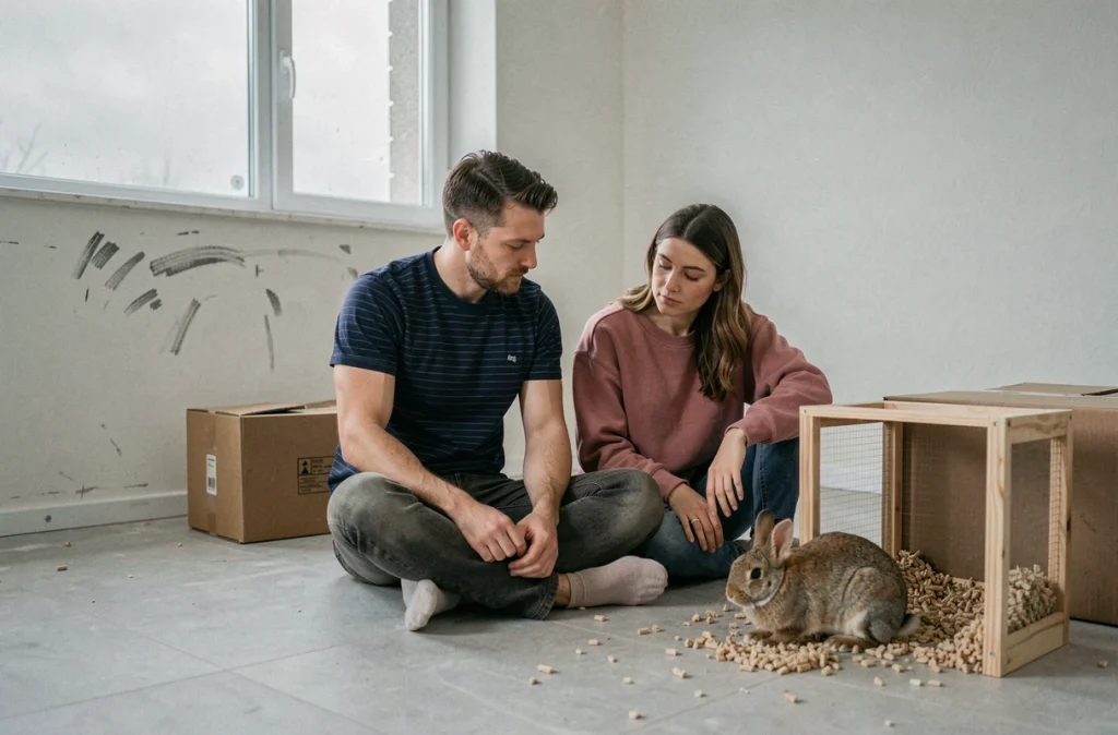 Couple assis sur le sol d'un appartement vide avec leur lapin domestique après un déménagement