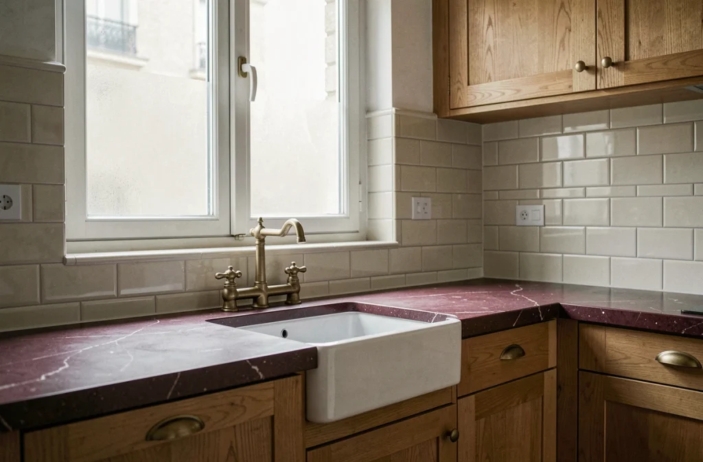 Cuisine rénovée style haussmannien avec crédence en faïence artisanale, plan de travail en pierre de Bourgogne et robinetterie laiton