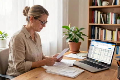 Femme consultant des documents fiscaux LMNP sur son bureau à domicile pour déclarer ses revenus de mobil-home