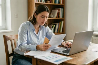 Femme effectuant ses démarches administratives avant un déménagement, entourée de formulaires et d'un ordinateur portable sur une table en bois