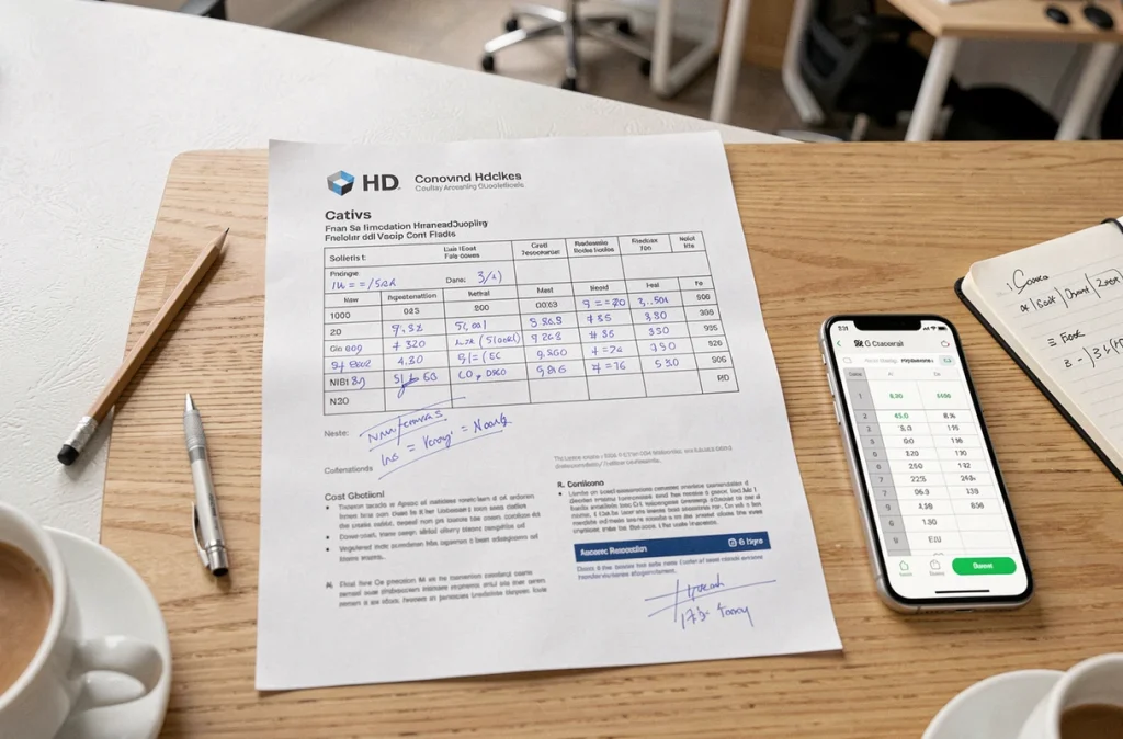 Vue aérienne d'un dossier immobilier avec calculs de frais de notaire et annotations manuscrites