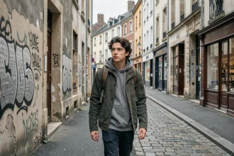 Étudiant avec sac à dos marchant prudemment dans un quartier urbain de Nantes aux façades vieillissantes