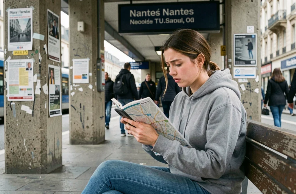 Étudiante consultant son téléphone devant une station de transport en commun à Nantes pour s'orienter dans la ville