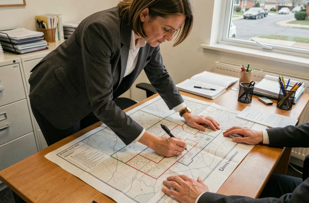 Professionnelle examinant un plan cadastral pour identifier les limites de propriété lors d'un litige de voisinage