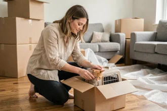 Femme préparant son chat pour un déménagement en le plaçant dans une cage de transport dans un salon à moitié emballé