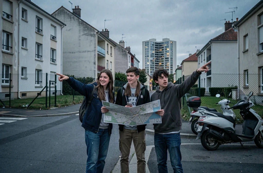 Groupe d'étudiants en train de s'orienter dans un quartier périphérique de Nantes en soirée