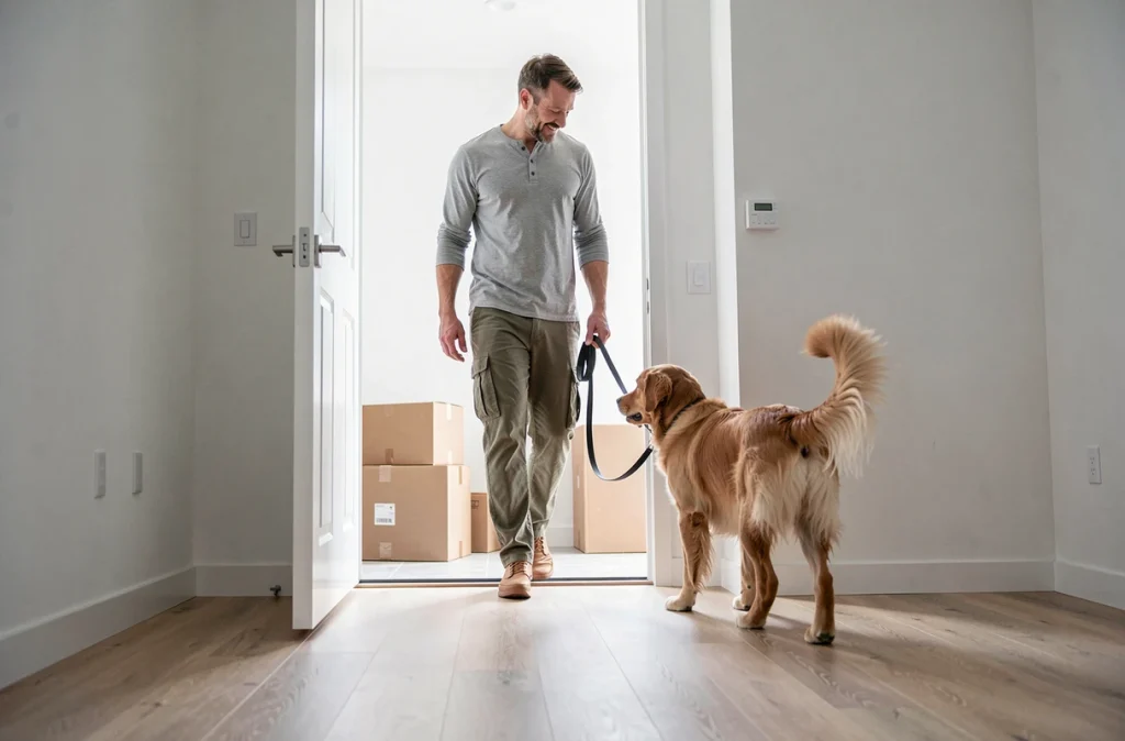Homme entrant dans un nouvel appartement avec son chien golden retriever lors d'un déménagement