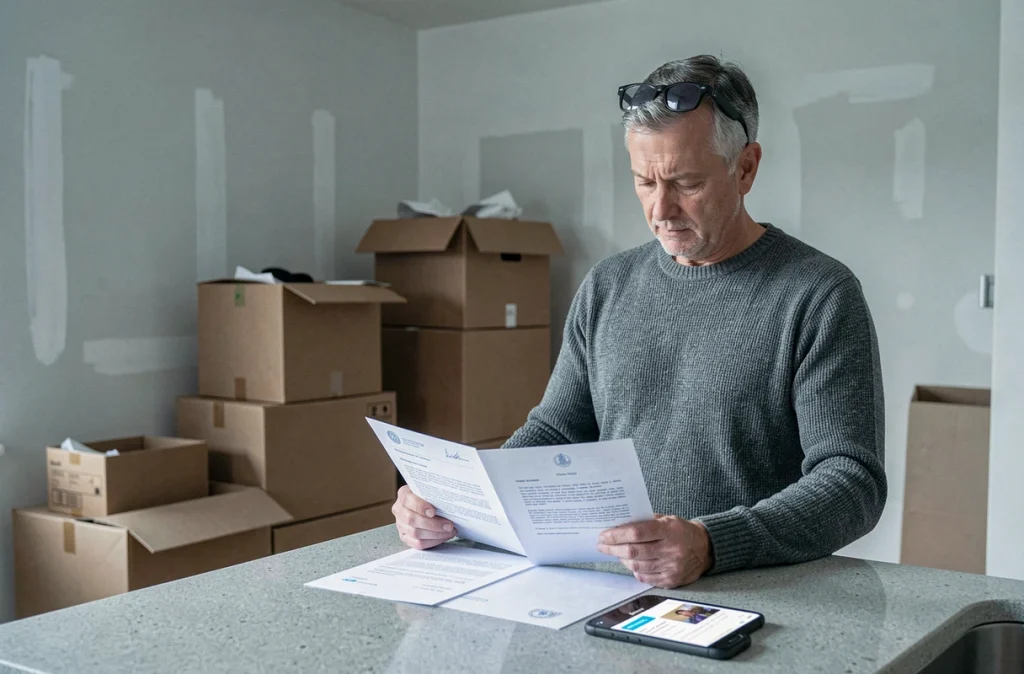 Homme comparant des courriers administratifs dans un appartement en cours de déménagement avec des cartons empilés en arrière-plan