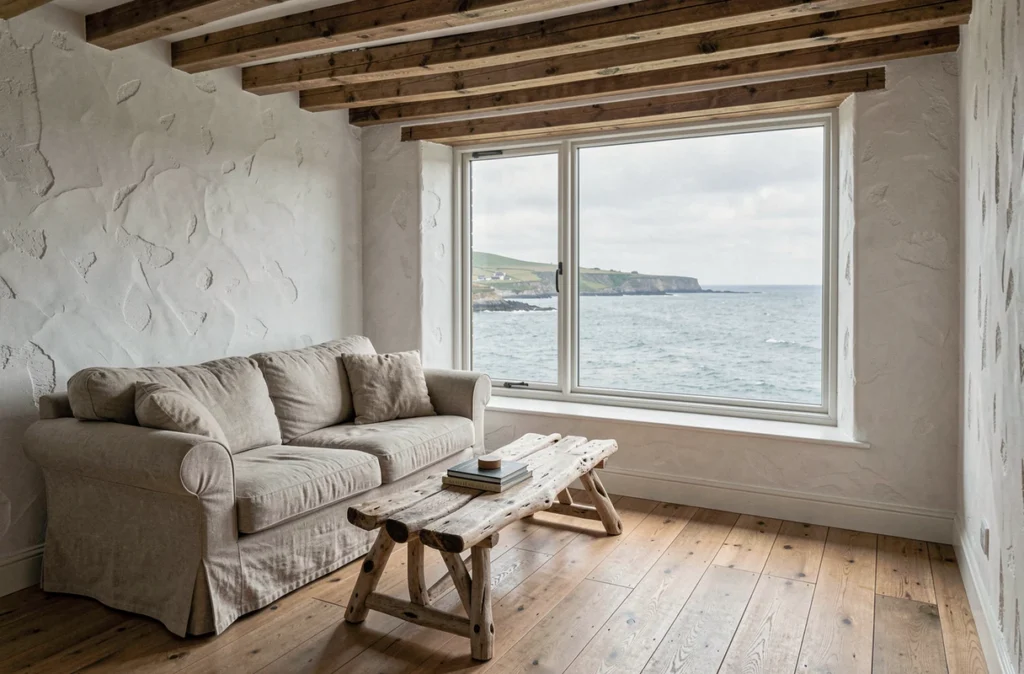 Intérieur authentique d'un cottage normand en bord de mer avec vue panoramique sur la Manche depuis un salon avec poutres apparentes