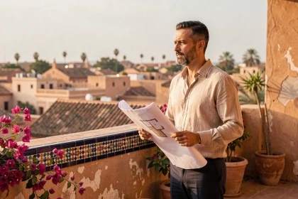 Investisseur immobilier sur le toit d'un riad à Marrakech contemplant la médina avec des plans d'appartement en main