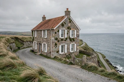 Maison normande en pierre de bord de mer avec volets blancs et vue sur la Manche depuis une falaise herbeuse