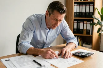 Marchand de biens débutant analysant des frais de notaire sur des documents immobiliers à son bureau