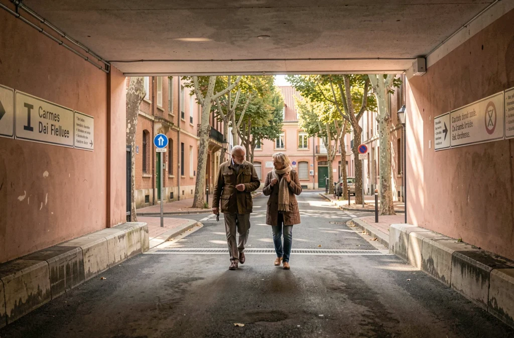 Couple sortant d'un parking souterrain dans le quartier des Carmes à Toulouse vers une rue piétonne ensoleillée