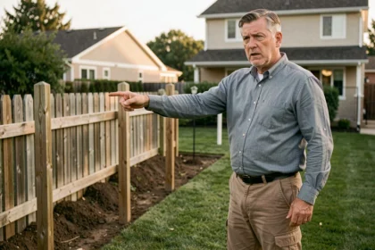 Propriétaire indiquant une clôture empiétant sur la limite de sa propriété dans un jardin résidentiel
