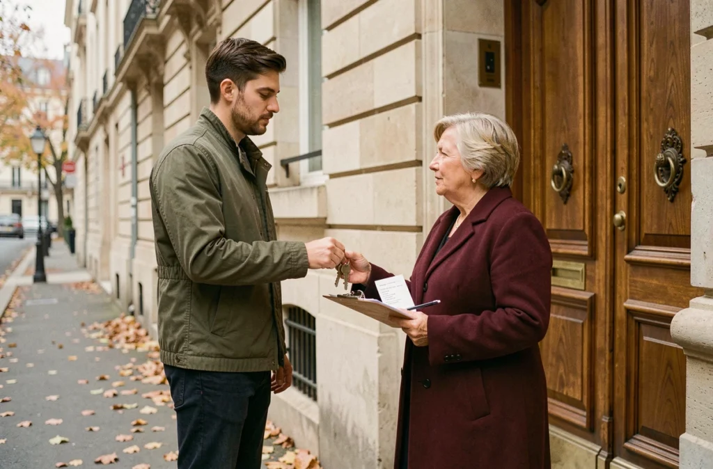 Locataire remettant les clés en main propre à une propriétaire devant un immeuble parisien avec reçu de remise signé