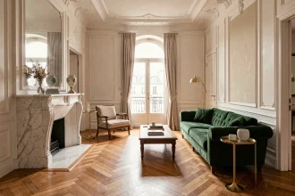 Salon haussmannien avec parquet en point de Hongrie, moulures en plâtre et cheminée en marbre Carrare