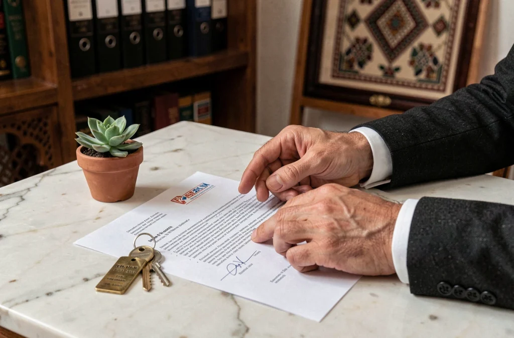 Contrat d'achat immobilier signé avec des clés d'appartement sur une table dans un bureau notarial à Marrakech