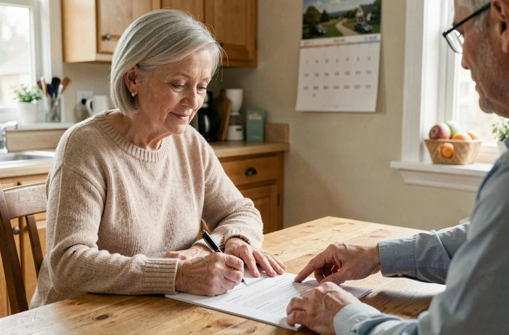 Propriétaire senior signant les documents de vente de sa maison familiale avec un agent immobilier dans une cuisine chaleureuse