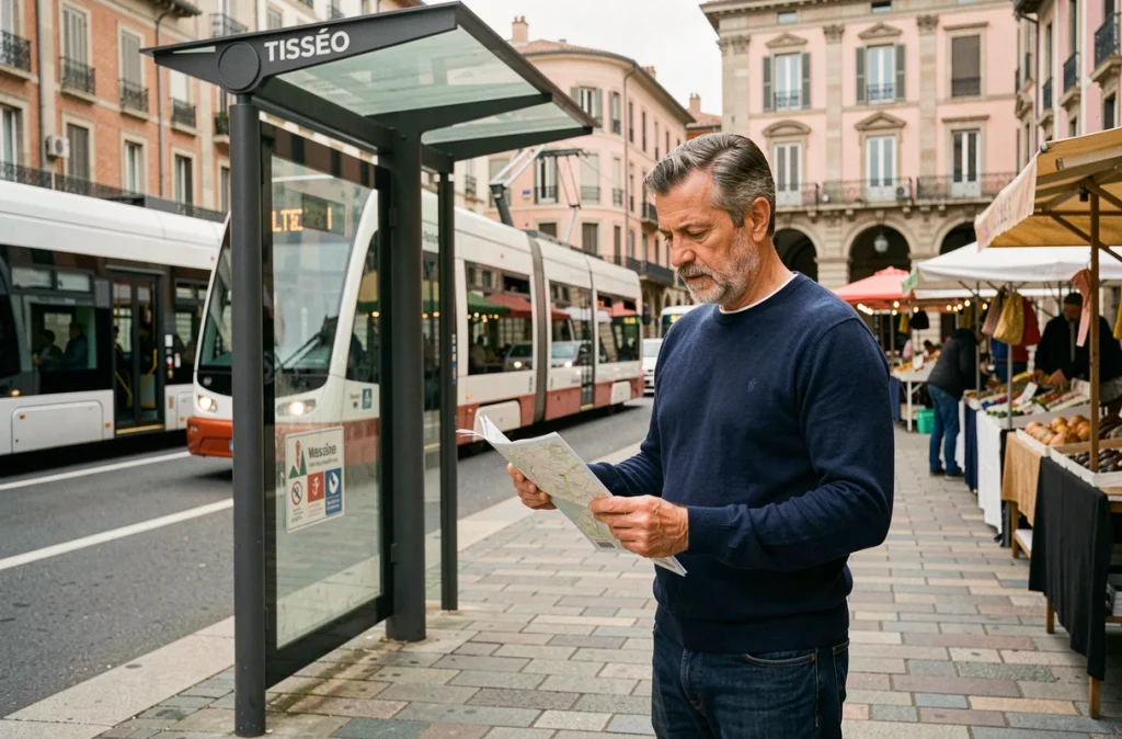 Homme consultant un plan des transports en commun à l'arrêt de bus du quartier des Carmes à Toulouse