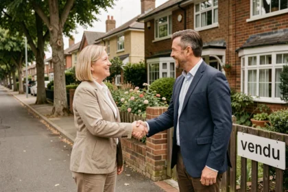 Couple de vendeurs satisfaits serrant la main d'un agent immobilier devant leur maison familiale vendue avec panneau vendu visible