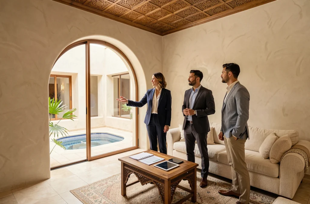Agent immobilier présentant un appartement moderne à Marrakech à des acheteurs dans un intérieur de style marocain contemporain