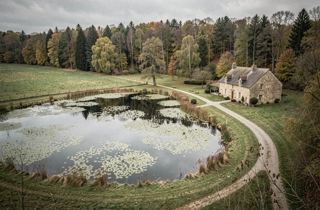 Vue aérienne d'un étang privé isolé en campagne française entouré de forêt, typique d'une vente entre particuliers