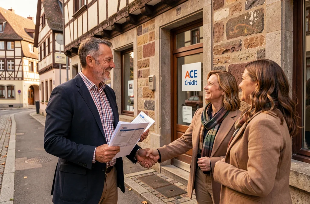 Courtier ACE Crédit Strasbourg accueillant des clients devant son agence de proximité dans un quartier résidentiel alsacien