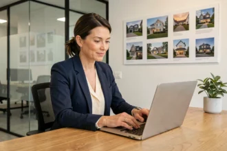 Agent immobilière FNAIM consultant des annonces en ligne sur un ordinateur portable dans une agence moderne en 2026
