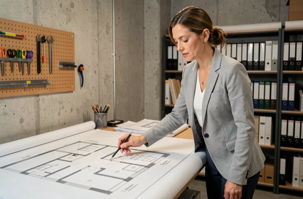Architecte analysant les plans d'un appartement T3 avec deux chambres dans un studio moderne