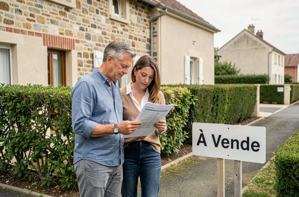 Couple de vendeurs pressés devant leur maison à vendre avec panneau immobilier FNAIM en banlieue française