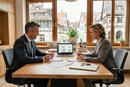 Courtier en prêt immobilier recevant des clients dans un bureau moderne à Strasbourg, avec documents et comparatifs de crédits sur la table