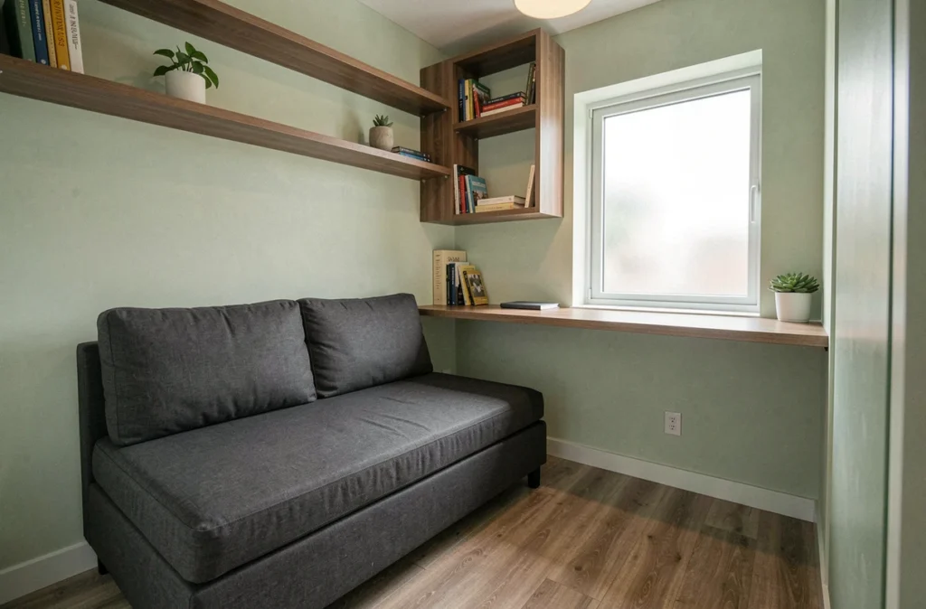 Deuxième chambre d'un T3 aménagée en bureau et chambre d'appoint avec canapé-lit et étagères