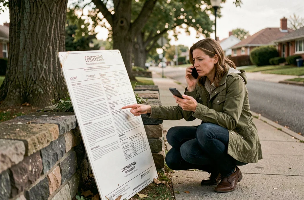 Femme constatant une erreur sur un panneau de permis de construire tombé contre un mur en pierre