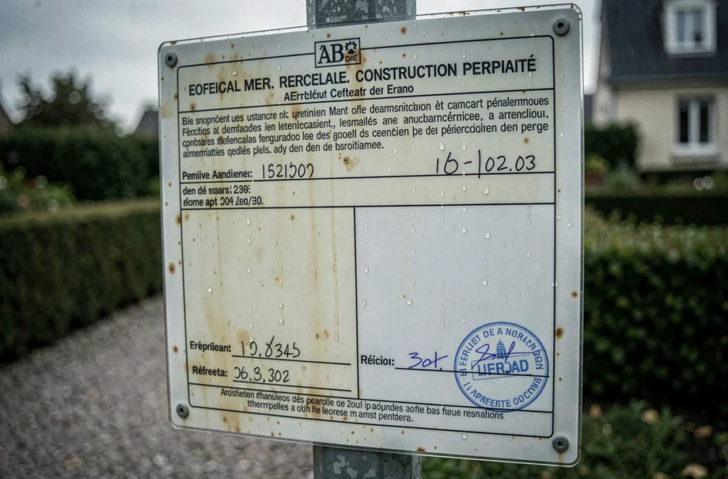 Gros plan sur un panneau de permis de construire avec une mention obligatoire manquante laissée vierge