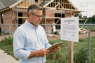 Homme examinant un panneau de permis de construire fixé sur un pieu devant un chantier résidentiel