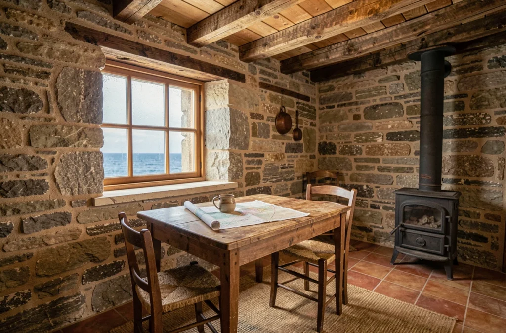 Intérieur rustique d'une petite maison de pêcheur bretonne à vendre avec vue mer par la fenêtre