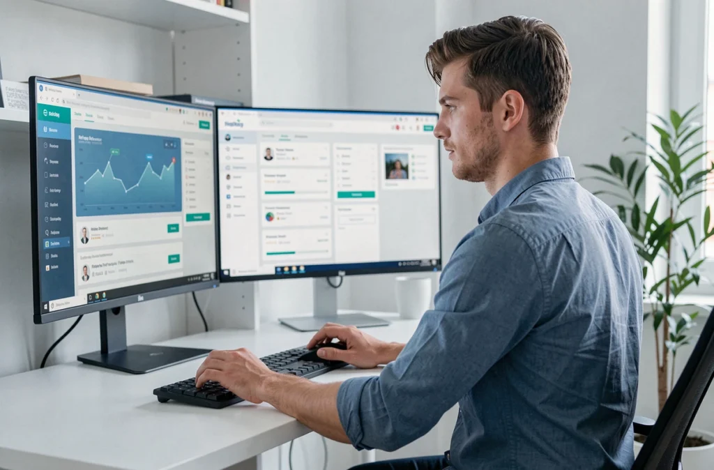Courtier digital joptimise.com travaillant sur une plateforme de prêt immobilier en ligne depuis son bureau moderne à Strasbourg