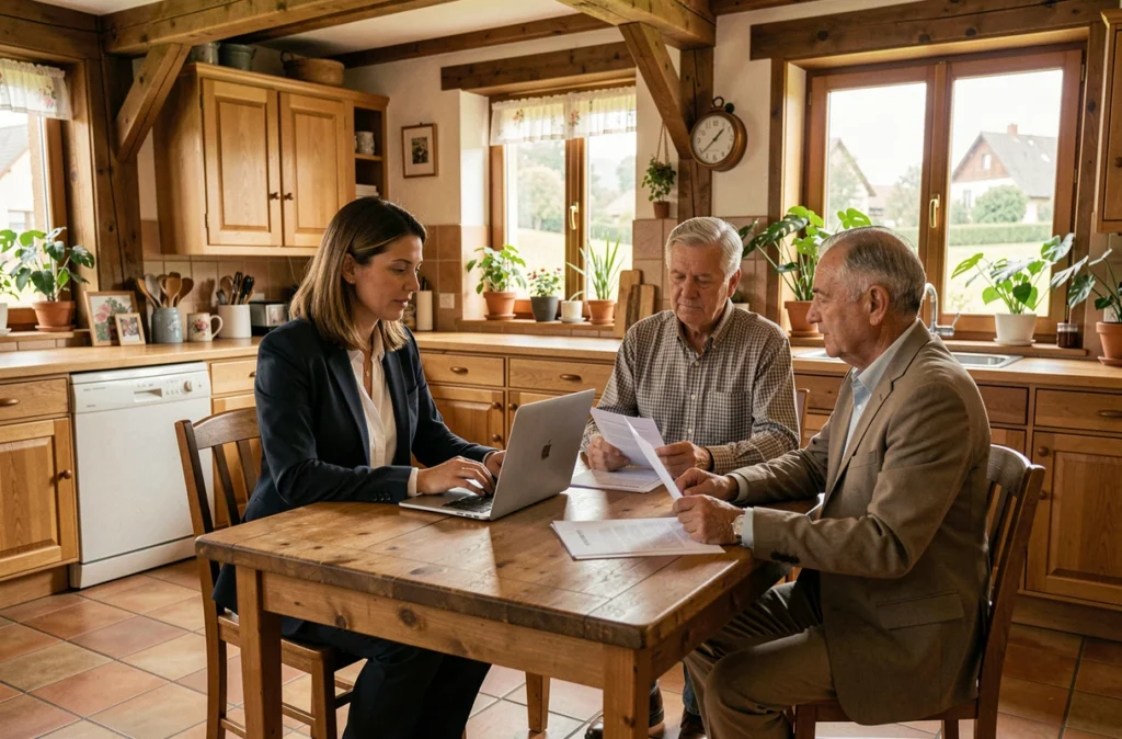 Courtière mamensualite.fr en consultation à domicile chez des clients dans une maison alsacienne du Bas-Rhin avec dossier et ordinateur