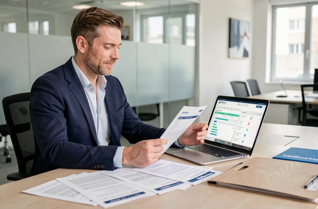 Conseiller Meilleurtaux Strasbourg comparant les offres de plusieurs banques pour un prêt immobilier sur ordinateur et documents papier