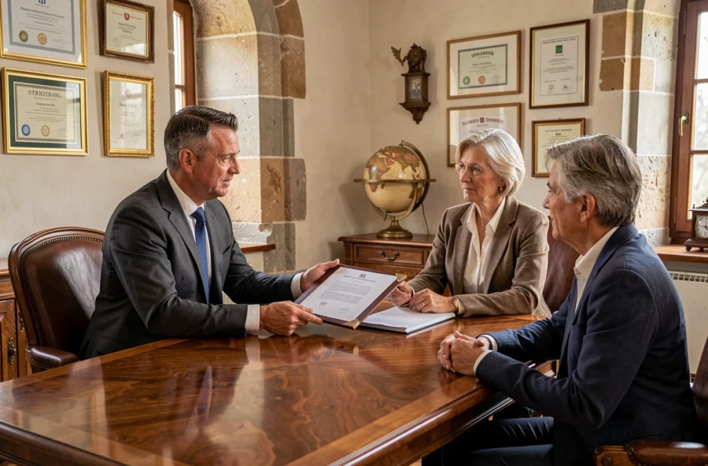 Conseiller Montclair Strasbourg présentant une stratégie patrimoniale dans un bureau de prestige avec documents de conseil personnalisés