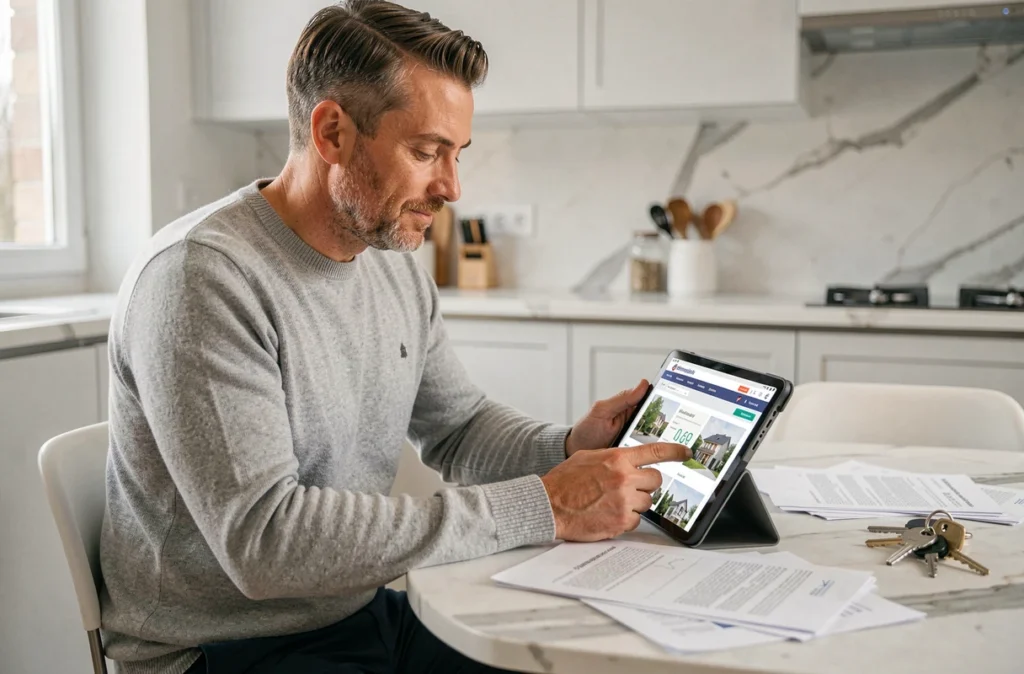 Vendeur immobilier pressé consultant le site agenceimmobilierefnaim.fr sur tablette numérique dans sa cuisine