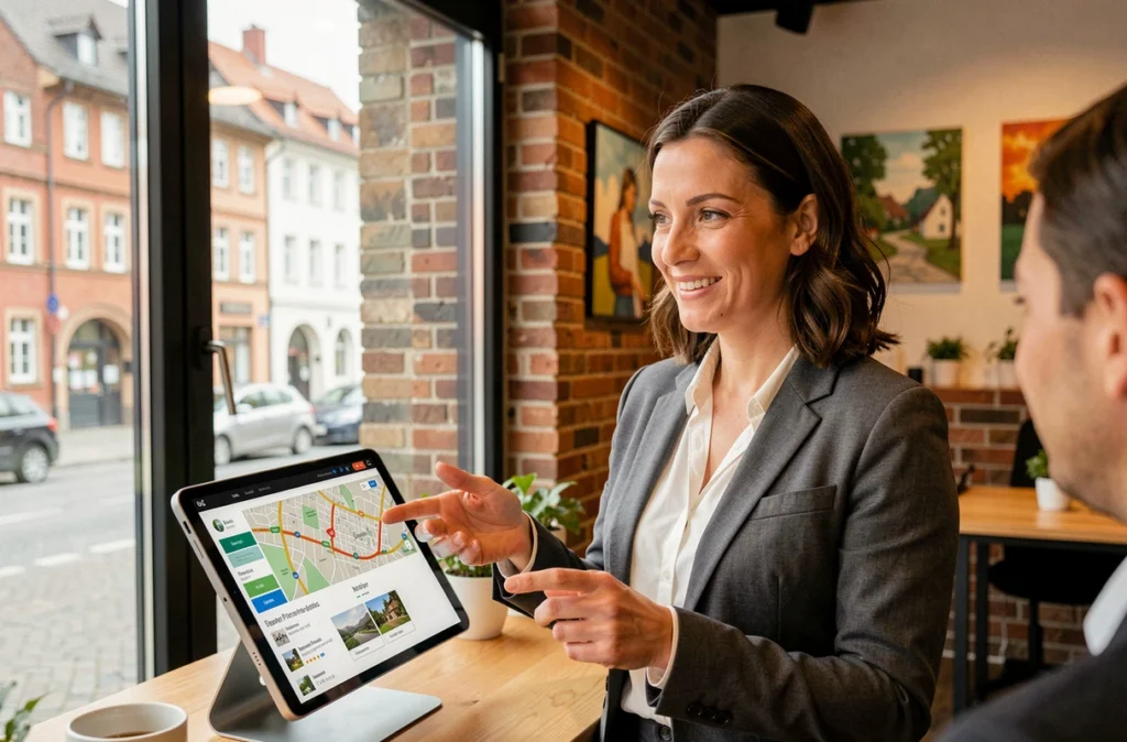 Courtière Vousfinancer Strasbourg présentant des biens locaux sur tablette dans un espace de travail avec vue sur la ville alsacienne
